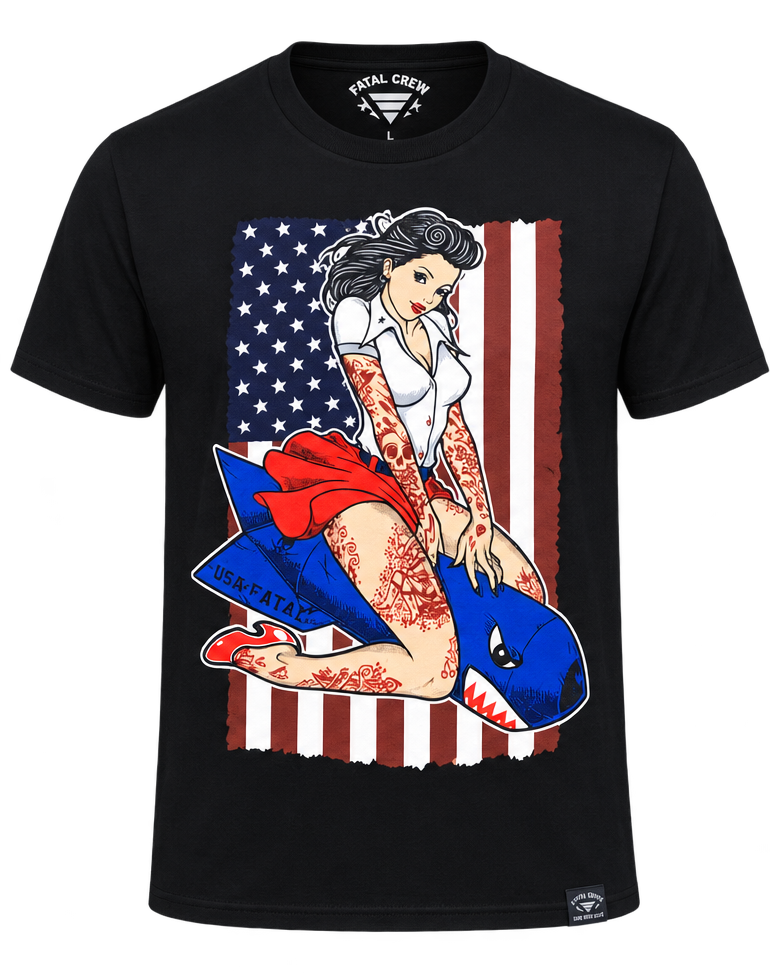 Fatal Crew USA Flag Pin-Up Girl Bomb Tee - Black - Men's L