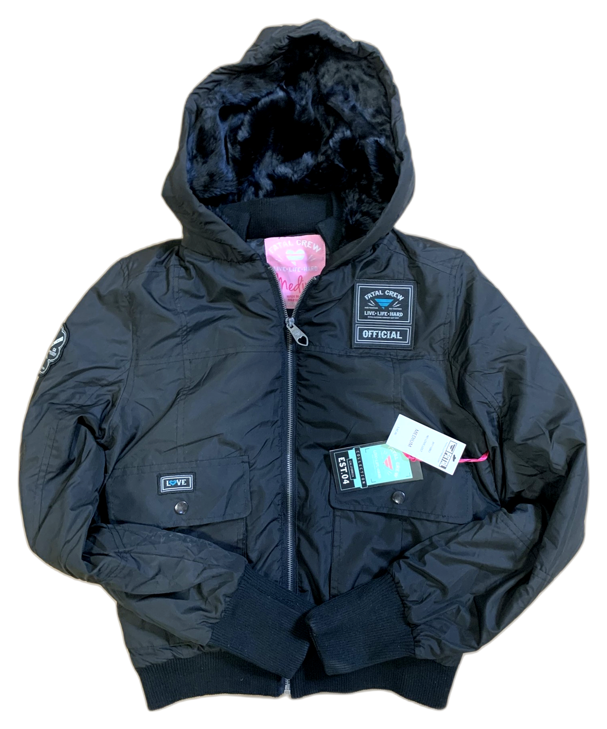 Fatal No Love Lost Hooded Bomber Jacket - Black with Faux Fur Lined Hood
