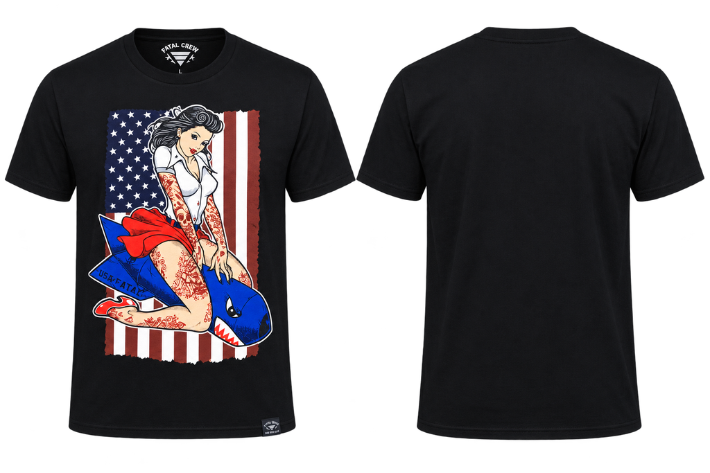 Fatal Crew USA Flag Pin-Up Girl Bomb Tee - Black - Men's L