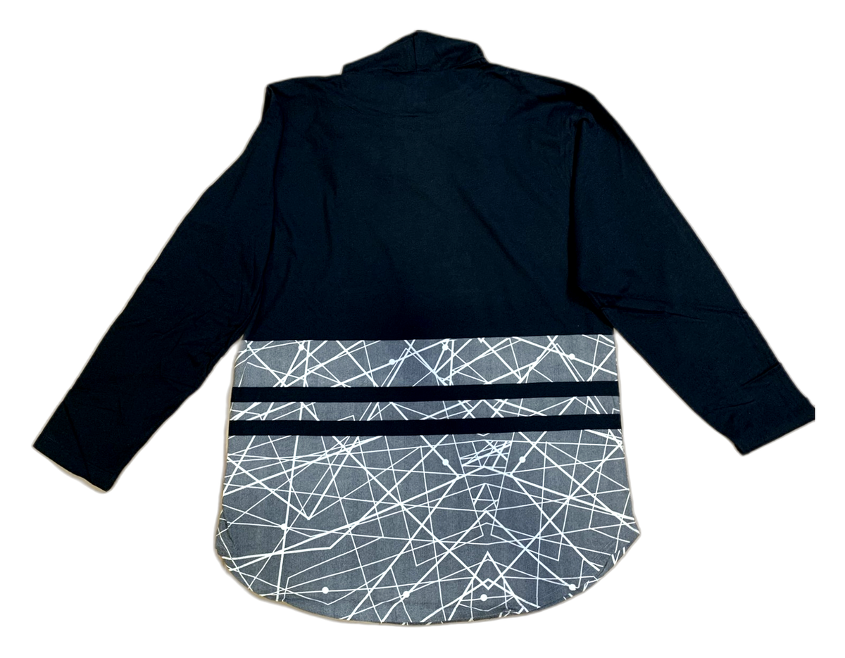 Fatal Hooded Long Sleeve Shirt - Black with Grey Geometric Panel - Men's XL