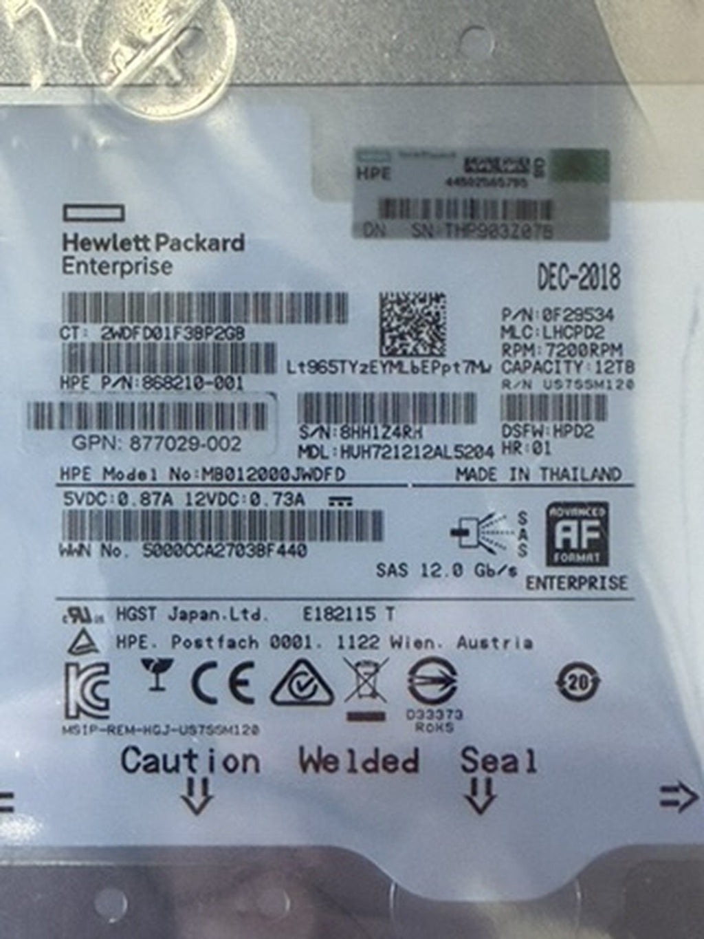 HPE 12TB 7.2K SAS 12Gb/s 3.5" LFF 512e Hard Drive MB012000JWDFD 868210-001