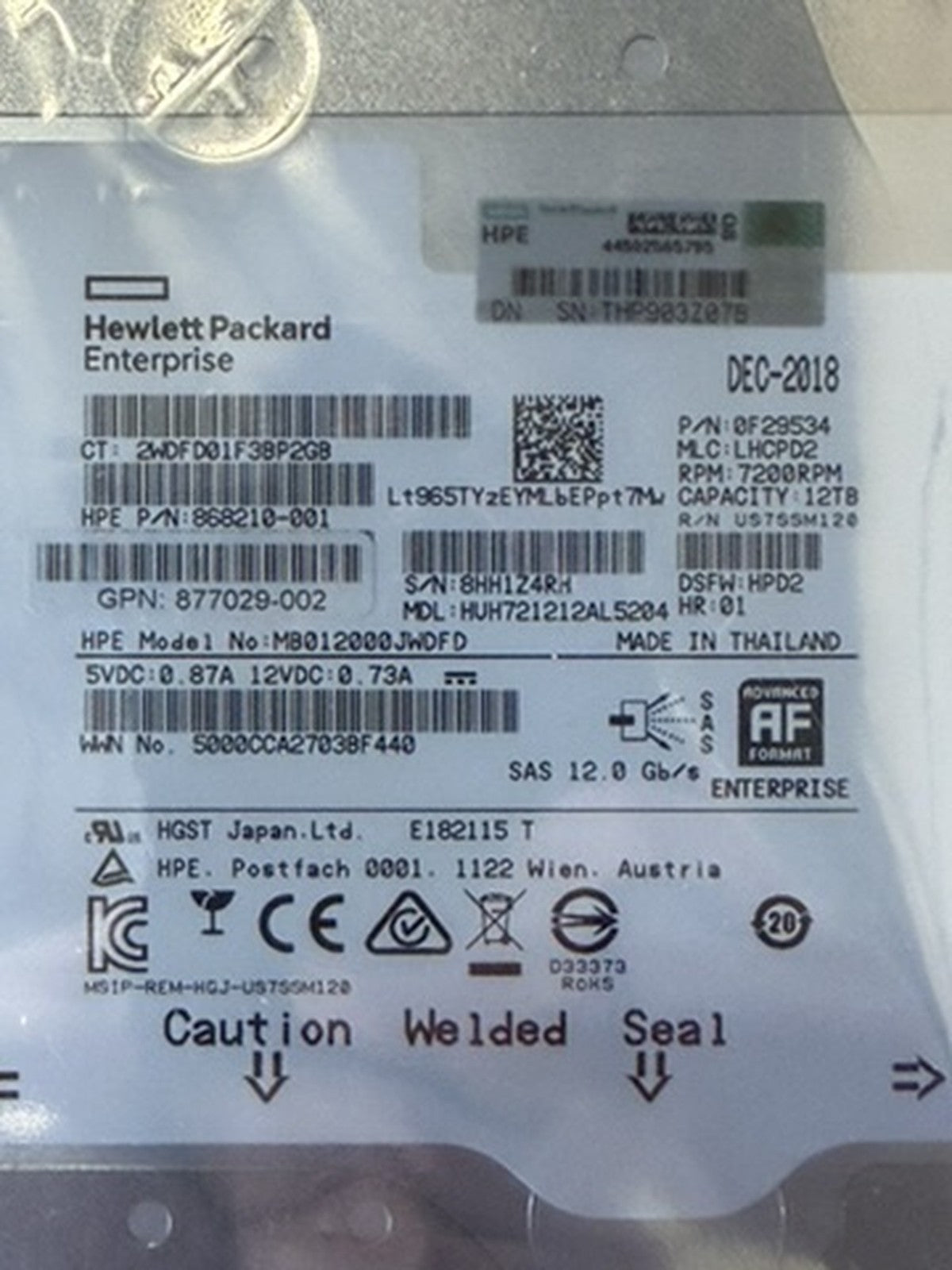 HPE 12TB 7.2K SAS 12Gb/s 3.5" LFF 512e Hard Drive MB012000JWDFD 868210-001