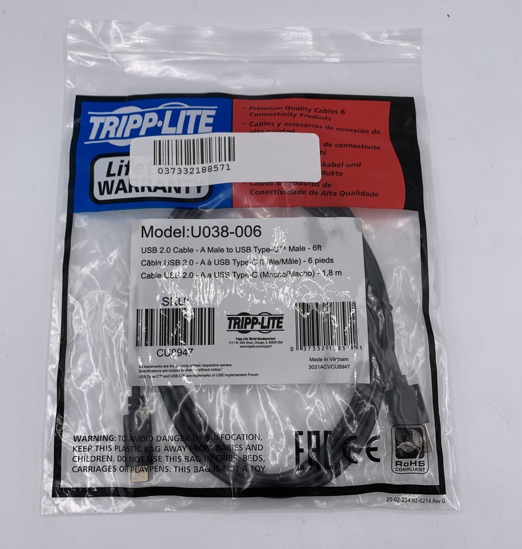 Tripp Lite 6ft USB 2.0 Cable – USB-A Male to USB-C Male, U038-006