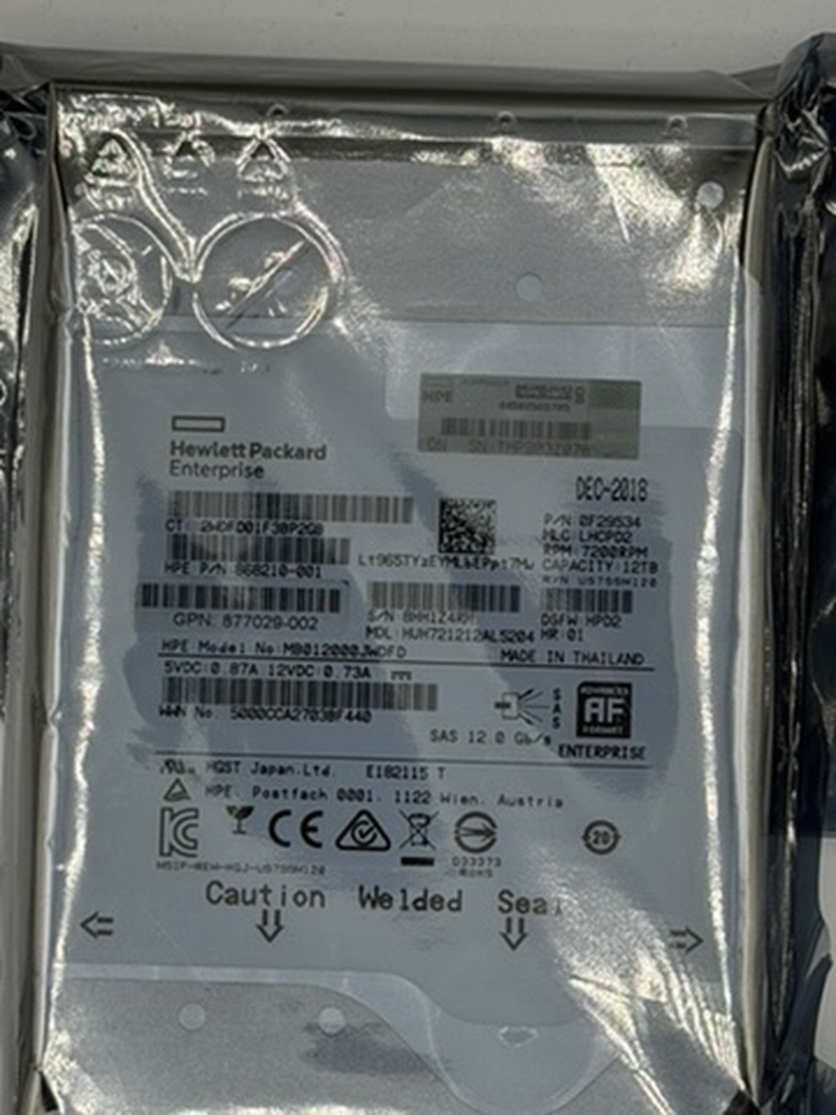 HPE 12TB 7.2K SAS 12Gb/s 3.5" LFF 512e Hard Drive MB012000JWDFD 868210-001